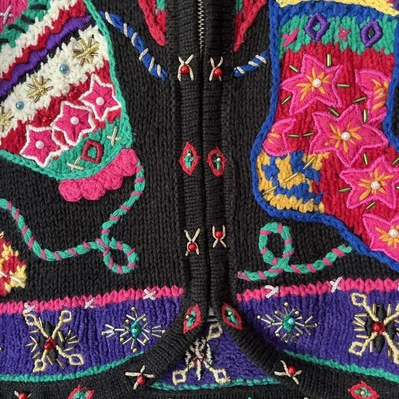 Vintage Belle Pointe Ugly Christmas Sweater Beaded Embroidered Colorful Sz Small - Picture 9 of 16